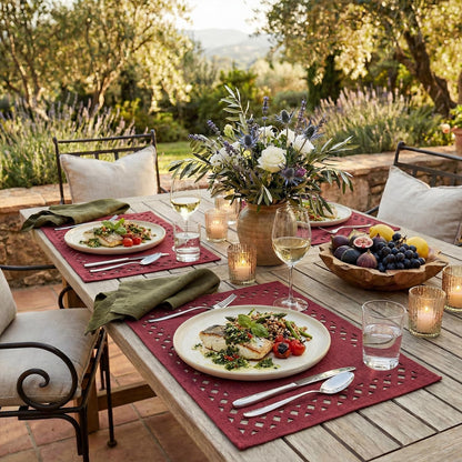 Farmhouse Placemats Set of 4, Linen Textured Lattice Cutwork Place Mats for Kitchen Dining Table Decor and Outdoor Party, 12 X 18 Inchs, Red7
