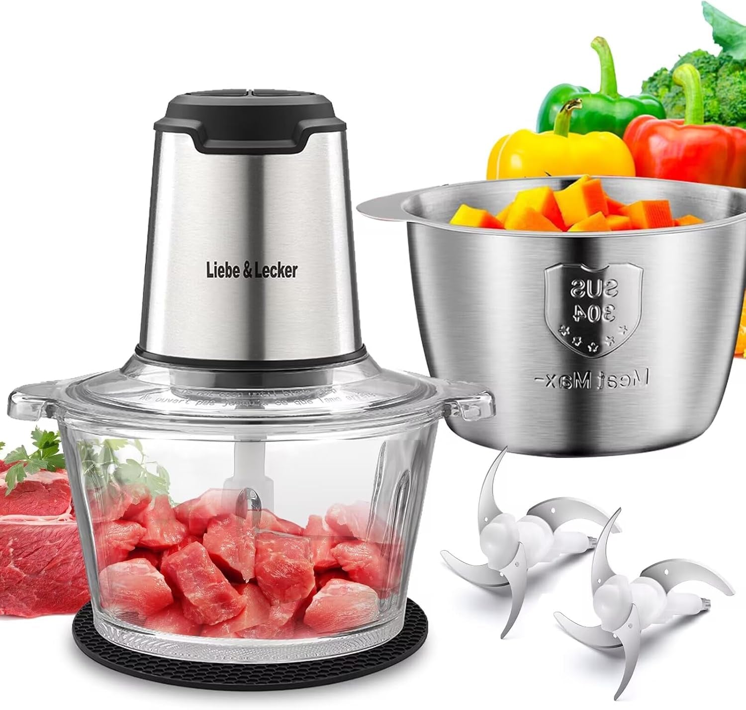 electric-food-chopper-350w-food-processor-with-2-bowls-dual-8-cup-stainless-steel-meat-grinder-2-speed-vegetable-chopper-with-4-sharp-blades-for-nuts-puree-recipes-zero-bpa