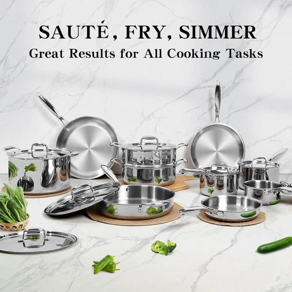 Stainless Steel Cookware Set, 3 Ply 17 Piece Stainless Steel Pot and Pan Set, Oven Dishwasher Safe | Induction Compatible Frying Pans, Saucepans, Saute Pan & Stock Pot, PFOA, PTFE & PFOS Free6