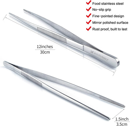 12 Inch Kitchen Tweezers Fine Tweezer Tongs,  Stainless Steel Food Tweezers Multi-Function Precision Serrated Tips Cooking Tongs Kitchen Serving Tong2
