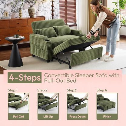 Green Futon Sofa Bed Convertible Loveseat Sleeper Sofa Couch, Corduroy Pullout Sofa Fold Out Couch Bed with USB Ports, Cup Holders, Armrest for Living Room, Bedroom Apartment Room5