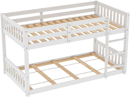 Solid Wood Low Twin over Twin Bunk Bed for Kids/Junior, Bunk Bed Frame with Guardrails & Ladder for Boys Girls, No Box Spring Needed (White)7