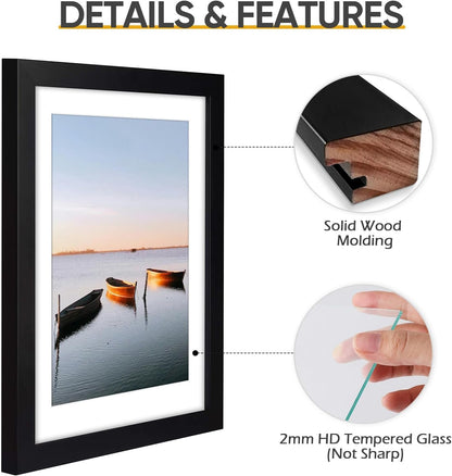 11X14 Black Picture Frame,Solid Wood&Real Glass,Mat 8X106