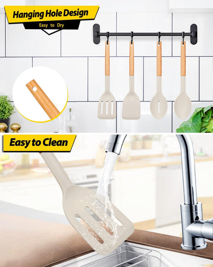 Pack of 4 Silicone Cooking Utensils Set, Non Stick Solid Spatulas and Heat Resistant Slotted Spoons with Wooden Handle, Ideal Wood Kitchen Utensils Set for Frying,Serving,Turning,Stirring (KHAKI)6