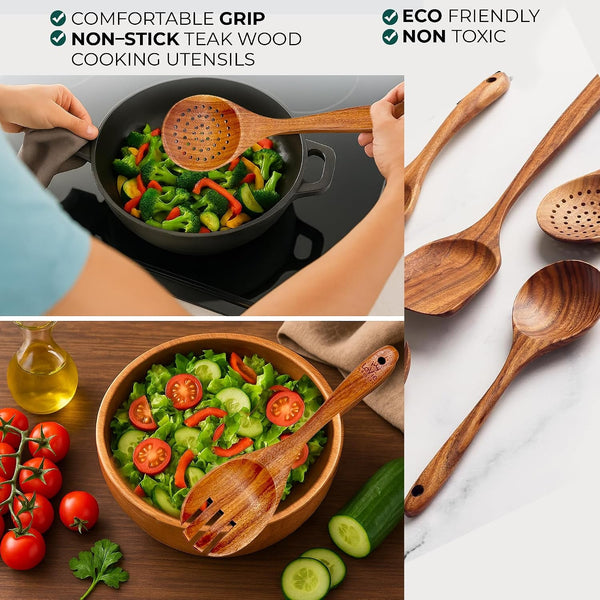 Wooden Spoons for Cooking, 8 Pcs Teak Wooden Kitchen Utensil Set, Teak Wooden Utensil Set, Wooden Cooking Utensils, Non Toxic Cooking Utensils with Knife and Bamboo Board6