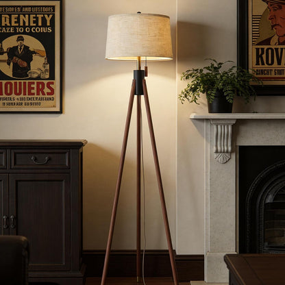 Mid Century Tripod Floor Lamp with Pull Chain,Black & Gold Finish | Two-Tone Solid Wood Design,Linen Tapered Drum Shade,Tall Standing Lamp for Living Room,Bedroom & Reading Corner,Bulb Included2