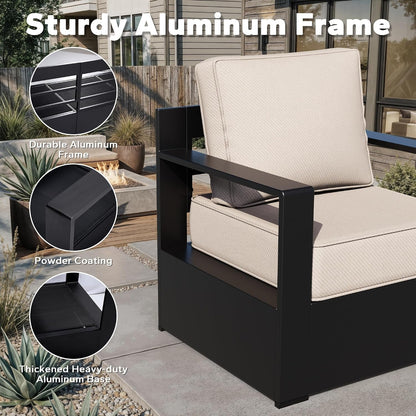 Outdoor Aluminum Furniture Set, 4-Piece Patio Conversation Set, 2 Chairs, 1 Sofa and 1 Table, All-Weather Metal Frame, 6" Thick Removable Cushions, Deep Setting for Garden, Poolside and Porch3