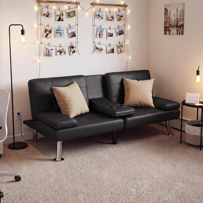 Black Faux Leather Futon Sofa Bed, Loveseat with Adjustable Backrest2