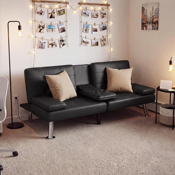 Black Faux Leather Futon Sofa Bed, Loveseat with Adjustable Backrest2