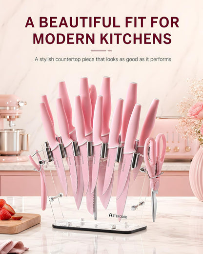 Knife Set with Clear Block and Sharpener 22Pcs Pink | Dishwasher Safe, Space-Saving Clear Knife Block, for Everyday Home Cooking8