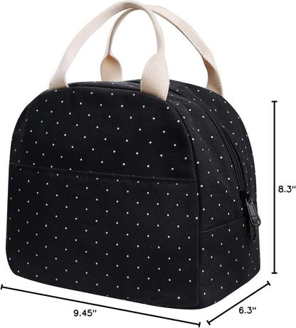 Upgraded Compact Black Lunch Bag for Girls Women,Canvas Reusable Insulated Polka Dot Lunch Tote Box Bag for Work School8