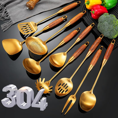 Gold Kitchen Utensils Set Stainless Steel 9 PCS with Wooden Handle7