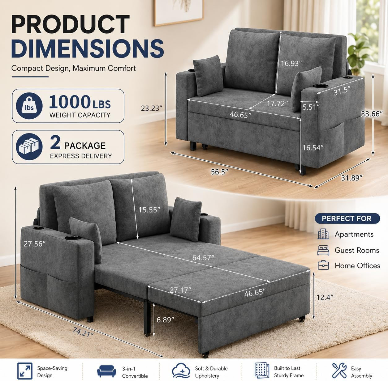 3-in-1-pull-out-couch-56-inch-convertible-sleeper-sofa-bed-loveseat-sofa-couch-with-cup-holders-usb-side-pocket-modern-loveseat-for-living-room-bedroom-includes-toss-pillows-gray