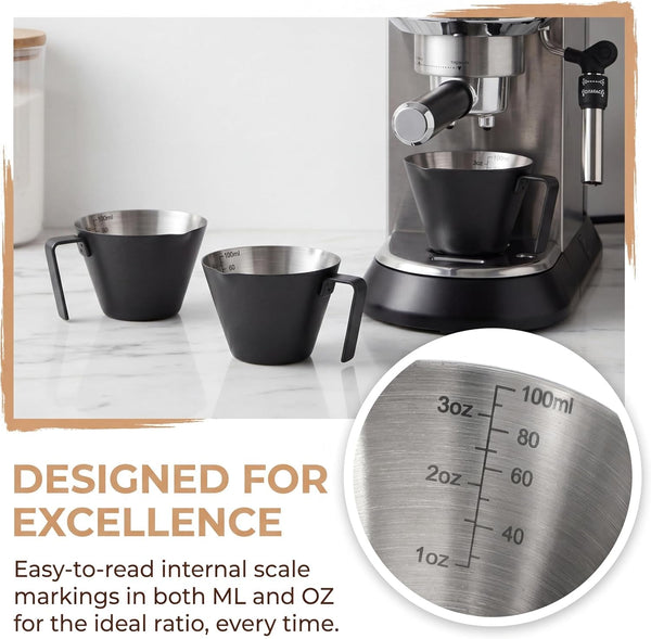 4 Pack Stainless Steel Espresso Measuring Cup, 3.4OZ/100ML Double Spout Espresso Shot Cups with Handle and Dual Scale, Small Coffee Pouring Cup, Coffee Accessories Sauce Cup, Dishwasher Safe3