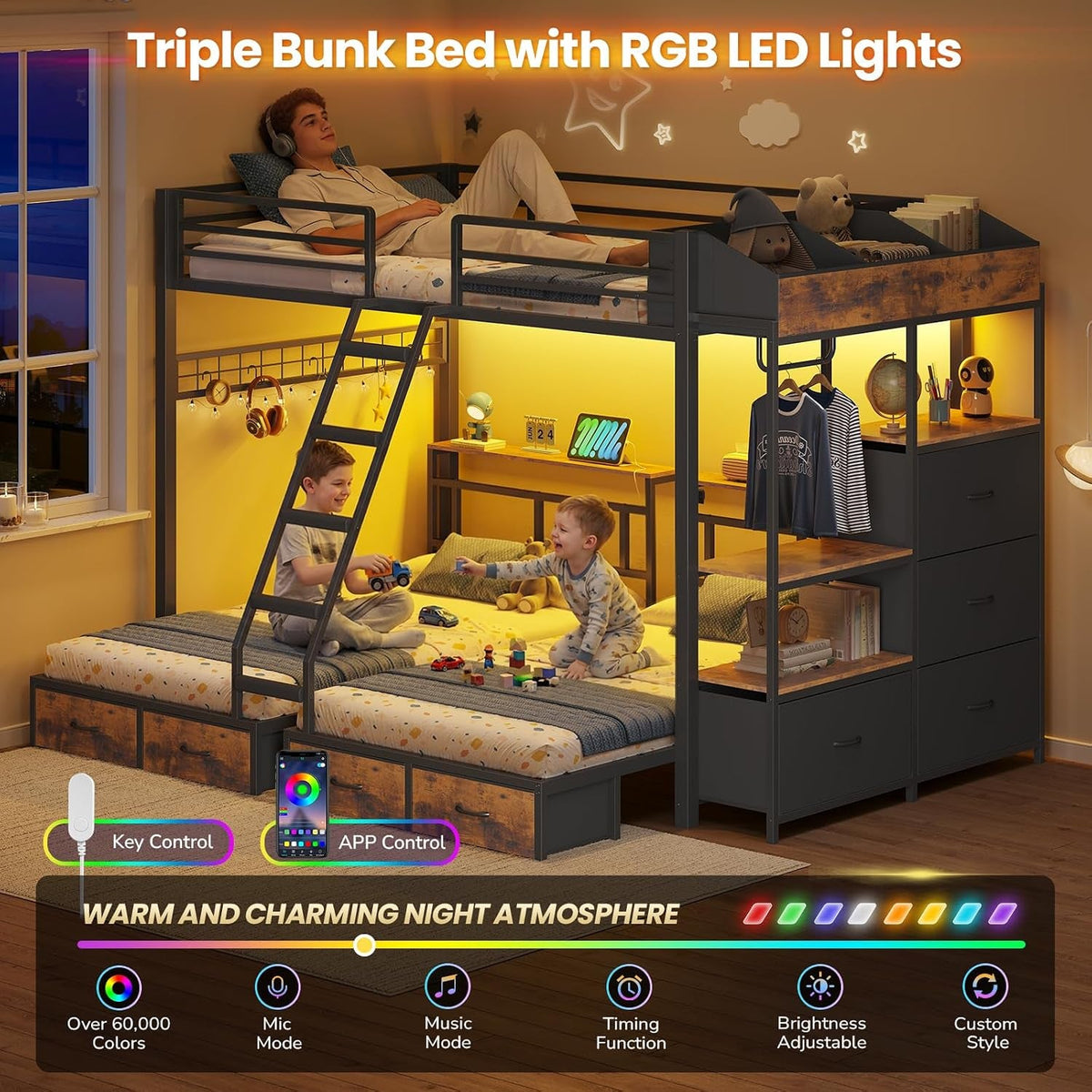 triple-bunk-bed-with-8-storage-drawers-charging-station-and-led-lights-full-over-twin-bunk-beds-with-storage-headboard-shelves-boxes-metal-bunk-beds-for-3-with-safe-guardrail-and-stair-black