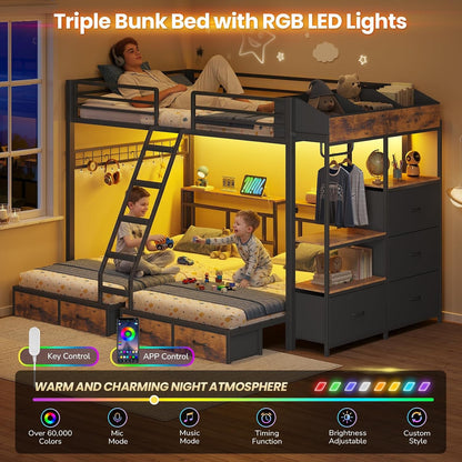Triple Bunk Bed with 8 Storage Drawers,Charging Station and LED Lights Full over Twin Bunk Beds with Storage Headboard,Shelves & Boxes,Metal Bunk Beds for 3 with Safe Guardrail and Stair,Black4