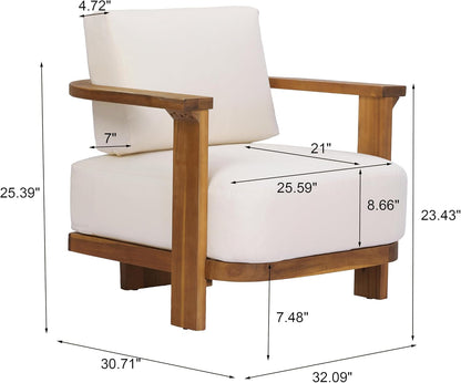 Stella Acacia Wood 4 Piece Patio Furniture Set, Wooden Patio Conversation Set with Club Chair+Coffee Table, 4-Seater Outdoor Loveseat Sofa + Armchair and Table Set, Teak+Beige31