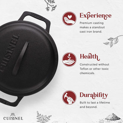 Cast Iron Dutch Oven - 3-Quart Deep Pot + Lid + Pan Scraper + Handle Covers - Large Pre-Seasoned Cooker for Baking Bread, Soup, Frying - Indoor/Outdoor - BBQ Cookware. PFAS and Pfoa-Free3