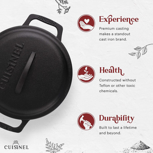 Cast Iron Dutch Oven - 3-Quart Deep Pot + Lid + Pan Scraper + Handle Covers - Large Pre-Seasoned Cooker for Baking Bread, Soup, Frying - Indoor/Outdoor - BBQ Cookware. PFAS and Pfoa-Free3
