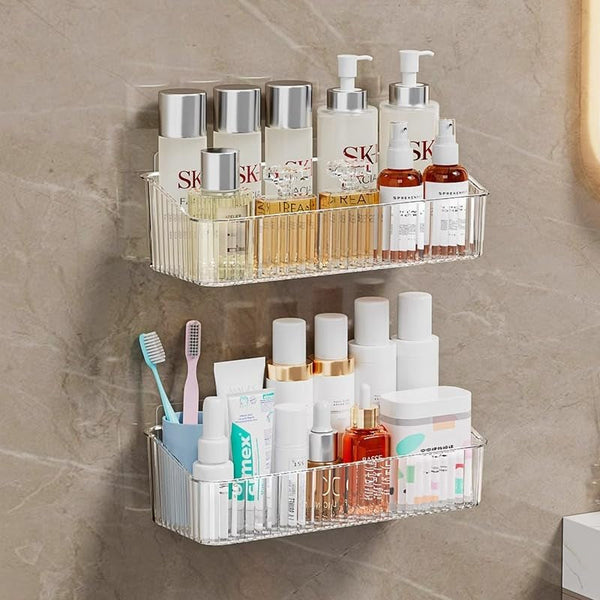 2 Pcs Wall Mounted Shower Caddy, Adhesive Bathroom Caddy Shelf Organizer Makeup Organizer Storage Bins for Bathroom Kitchen4