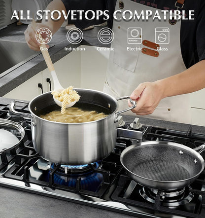 Triply Stainless Steel Cookware Set 6 Piece, Nonstick Hybrid Pots Set 2QT & 3QT & 8QT, Kitchen Cookware Set with Honeycomb Interior, Stainless Steel Pots Set, Induction Compatible4