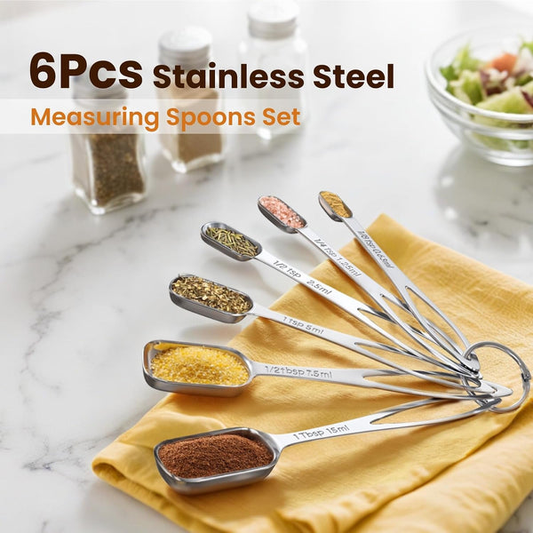 6PCS Narrow Measuring Spoons Set, Stainless Steel Measuring Spoon Fits in Spice Jars, Metal Teaspoon Measuring Spoons, Rectangular Tablespoon, Long Measuring Spoons for Dry & Liquid Ingredients2