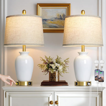 23" Set of 2 White Ceramic Small Table Lamp for Living Room Bedroom,Modern Bedside Lamps Nightstand Lamp for End Table Entryway1