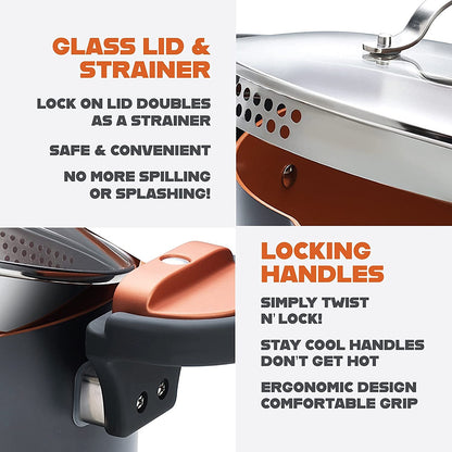 5 Quart Stock Pot Multipurpose Pasta Pot with Strainer Lid & Twist and Lock Handles, Nonstick Ceramic Surface Makes for Effortless Cleanup with Tempered Glass Lid, Dishwasher Safe | Twist and Lock Handles, Non Toxic Ceramic Non Stick Coating, for Cooking Soup, Spaghetti, Rice, Dishwasher Safe - Copper3