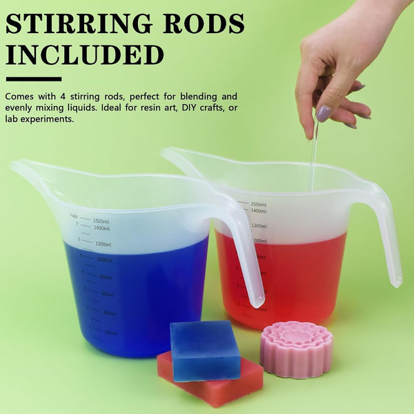 4 Pack 1500Ml/50Oz Long Spout Funnel Pitcher with Stirring Rods – Measuring Cups for Resin, Paint, Epoxy, Crafts, Soap Making, Durable and Easy to Pour, Great for Mixing, Measuring, Transfer Tasks4