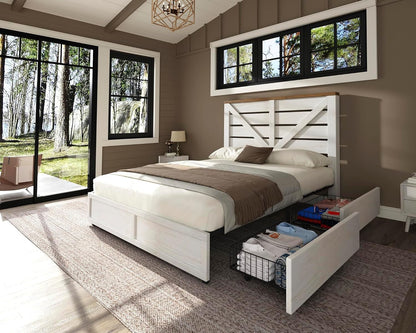 Full Size Farmhouse Bed Frame with 4 Drawers & Barn Door Headboard7