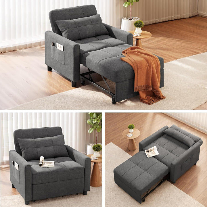 Convertible Sofa Chair Bed, 3-In-1 Linen Pull Out Chair, Dark Gray
