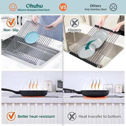 over Sink Dish Drying Rack Silicone Wrapped 17.6" W X 15.4" L Large over the Sink Roll up Dish Drainer - Foldable Sink Drying Rack Rolling Drain Mats Anti-Slip Multipurpose for Kitchen Counter5