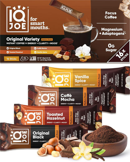 IQJOE Instant Mushroom Coffee Packets, Variety Pack, 16 Stick Packs | Zero Sugar Single Serve | Lion'S Mane, Magnesium L Threonate | Jitter Free, Individual Servings, Travel Size, Smooth Taste1