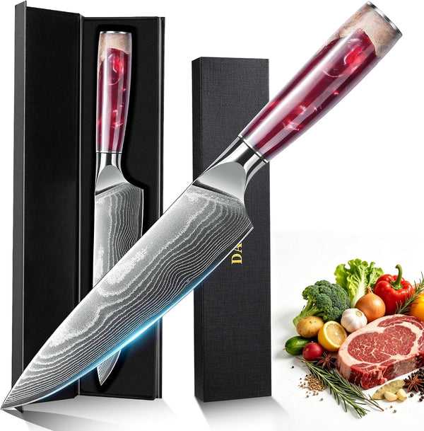 Damascus High Carbon Chefs Knife Ergonomic Handle(8In,Red Resin)1