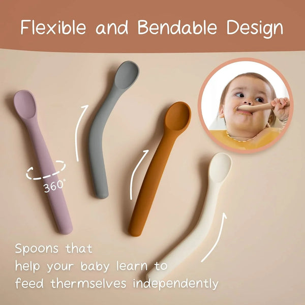Silicone Baby Spoons Set of 4, Toddler Spoons for Self Feeding 6 Months, Two Sizes Feeding Spoons for First Stage 4+ Months, Infant, Baby Utensils with Case, Bendable, Chewproof & Boil-Proof3