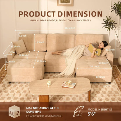 112" U Shaped Modular Cloud Sectional Couch, Waffle Fabric, Oatmeal Beige2