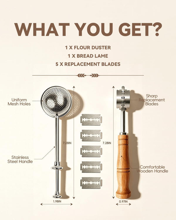 Bread Lame and Flour Duster Set, 304 Stainless Steel Bread Scoring Knife | 5 Razor Blades & Leather Cover, Professional Sourdough Baking Supplies7
