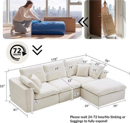 110" Boneless Sectional Couch, L-Shaped Modular Cloud Sofa for Living Room, Non-Slip 3 Seater with Ottoman, Washable Covers & Stay-Put Velcro, Cream2