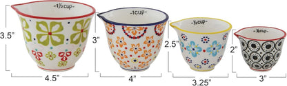 Creative Co-Op Floral Hand Stamped Stoneware Measuring Cups (Set of 4 Sizes/Designs)2