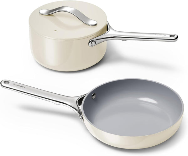 Caraway Non-Stick Ceramic Mini Cookware Set | Ceramic Fry Pan (1.05 Qt, 8") Sauce Pan (1.75 Qt) and Storage Rack, Non Toxic, PTFE & PFOA Free, Cream1