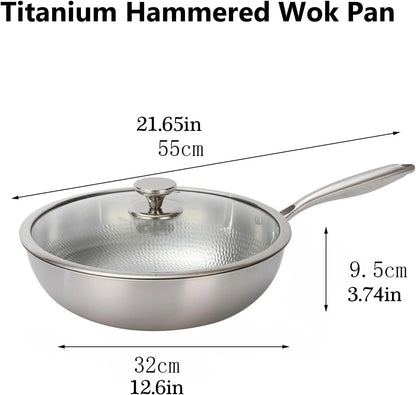 Titanium Hammered Wok Pan with Lid, Pure Titanium Pans for Cooking, No Coating Non-Stick Flat Bottom Wok, Ultra-Durable, Scratch-Resistant, Compatible with All Cooktops,12.6In2