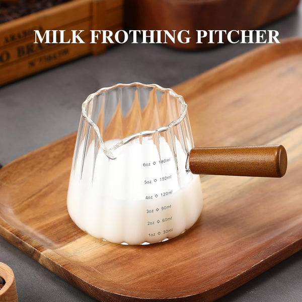 Espresso Cups with Wood Handle 6Oz, Espresso Accessories, Milk Frothing Pitcher, Glass Measuring Cup, Shot Glass5