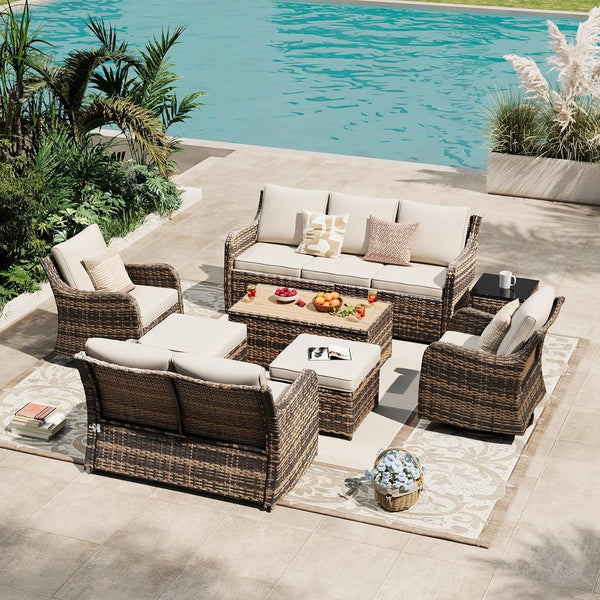 Patio Furniture Set with Swivel Rocking Chairs, 8 Pieces Patio Conversation Set, Outdoor Wicker Sofa Couch with Waterproof Cushions for Lawn Backyard Porch (Brown)9