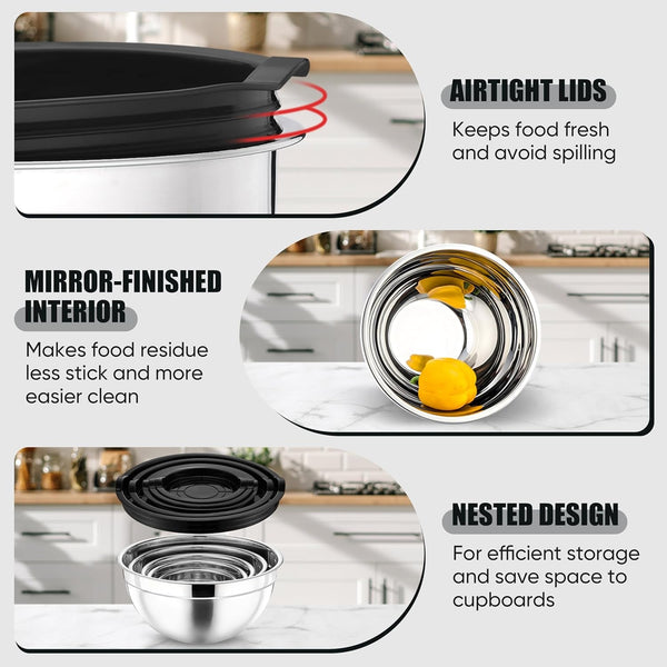Metal Mixing Bowls with Lids Set, Airtight Lids & Black3