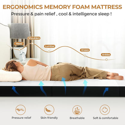 4 Inch Trifold Mattress, Twin Size Foldable Memory Foam Mattress with Viscose Derived from Bamboo Washable Cover, Folding Mattress Topper Floor Bed for Camping, Guest, RV, Ventilated4