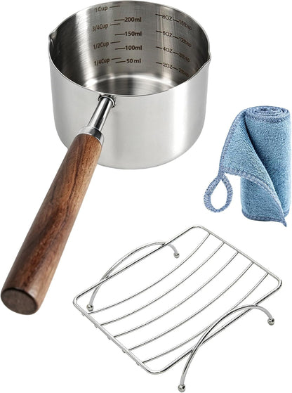 Dog Food Scoop 1 Cup with Cleaning Towel and Drying Rack, 304 Stainless Steel Dog Food Measuring Cup with Walnut Handle, Dishwasher Safe Pet Food Scoop for Dogs and Cats1