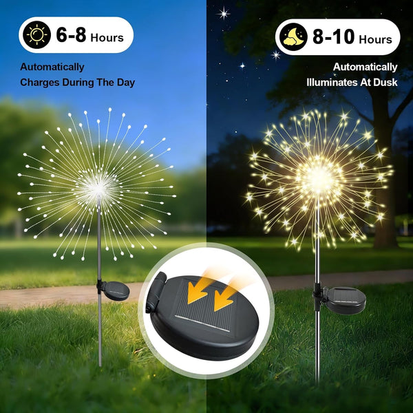 Solar Garden Lights Outdoor, 2 Pack 120 LED Twinkling Firework Lights Decorative with 2 Modes, Outdoor Waterproof Solar Starburst Light for Yard Pathway Planter Patio Decor, Warm White2