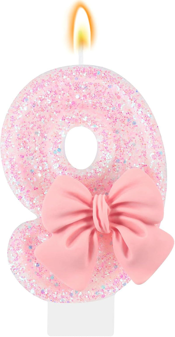 Pink Birthday Candle Bow Number 9 Candle Cake Topper Cupcake Decor 9Th Birthday Party Decorations Anniversary Celebrations Supplies Favors1