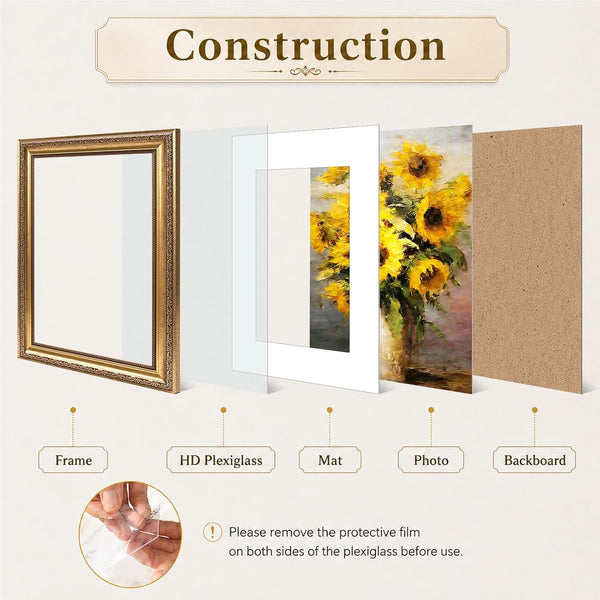 8X12 Vintage Picture Frame with 6X8 Mat, Elegant Retro 8 by 12 Photo Frame with Shatter-Resistant Plexiglass for Wall or Tabletop Display, Gallery Decor & Gift, Gold, 1 Pack3