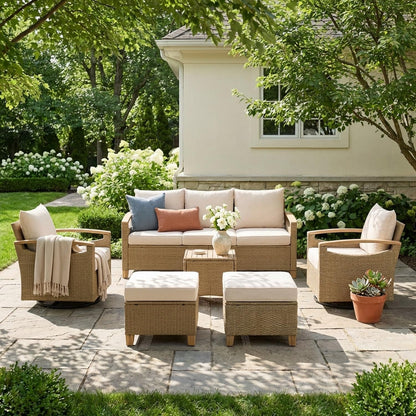 6-Piece Patio Wicker Conversation Set, Outdoor Sofa & Swivel Chairs8
